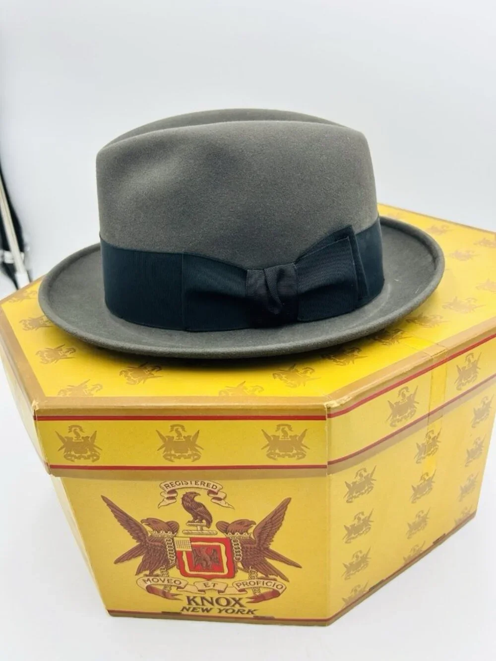 Vintage KNOX New York Fedora Hat Grey Sz 7 1/4 Long Oval Fur Felt Superfine NEW